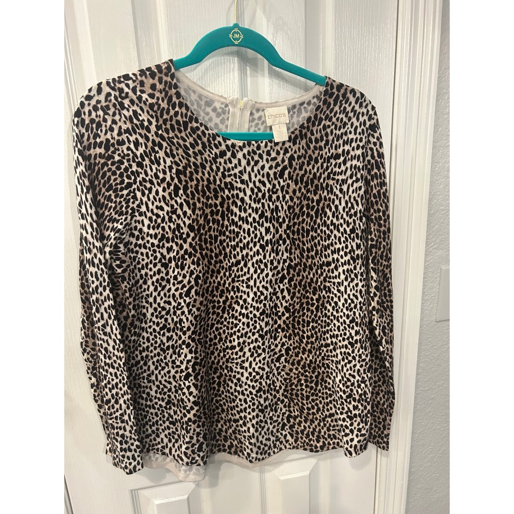 Chico's Sweater Brown Leopard Print Back‎ Zip Rayon Blend Knit Top Pullover